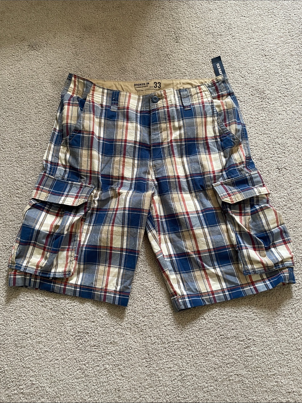 Old Navy Men's Broken-In Plaid Cargo Shorts Size 33 NWT